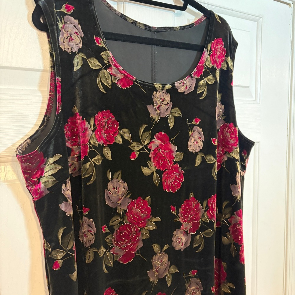 Vintage 90s Black Floral Stretch Velvet Maxi Dress Column Sleeveless 2X Grunge
